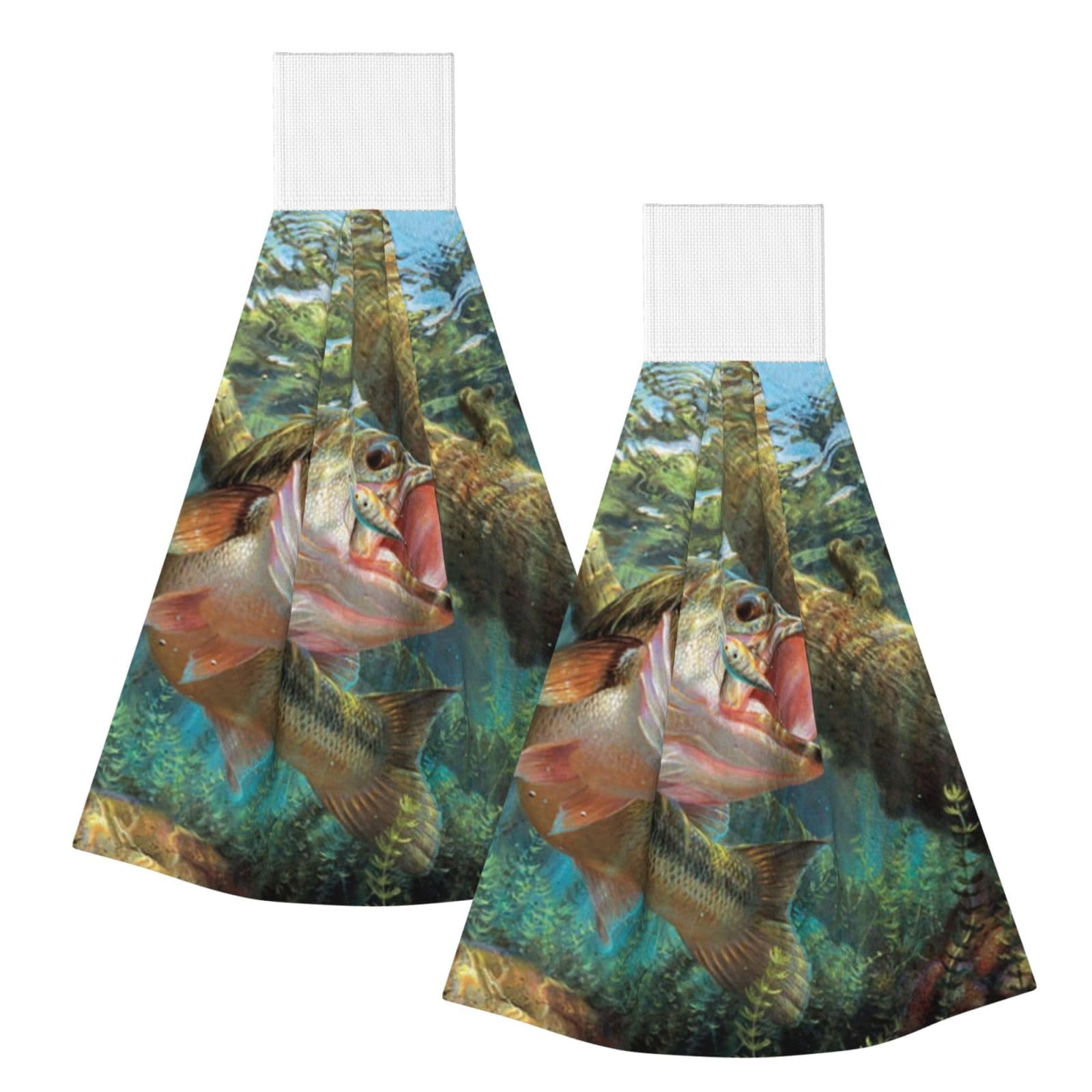 DOPKLNA Fish Printed Parties, 2 Pcs Hanging Coral Fiber Hand Towels for Bathroom, Absorbent Kitchen Towels