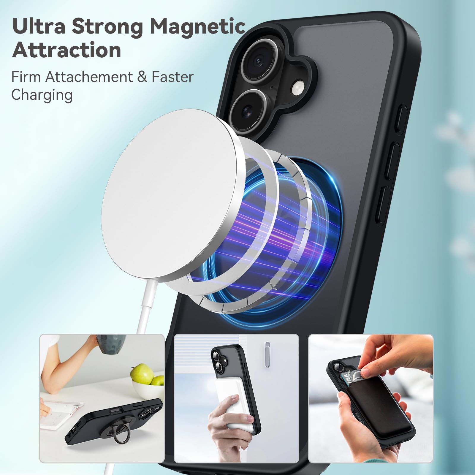 Natiiozie Magnetica Cover Compatibile con iPhone 17 Compatibile con MagSafe Custodia Traslucida Opaca Posteriore, Anti-impronta Resistente ai Graffi Protettiva Case Nero