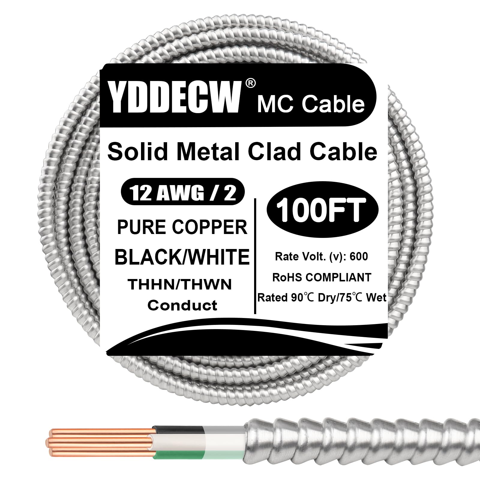 100ft 12/2 Metal Clad (MC) Cable with Ground, 12 Gauge Electric Wire with Aluminum Armor, Solid Bare Copper Conductors for Indoor Outdoor Underground