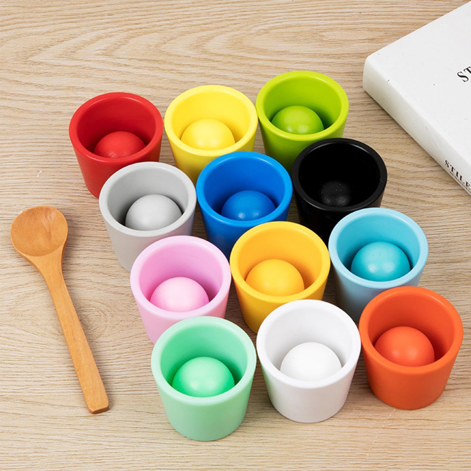 Juego de Clasificación de Colores de Bolas de Madera en Vasos para Niños