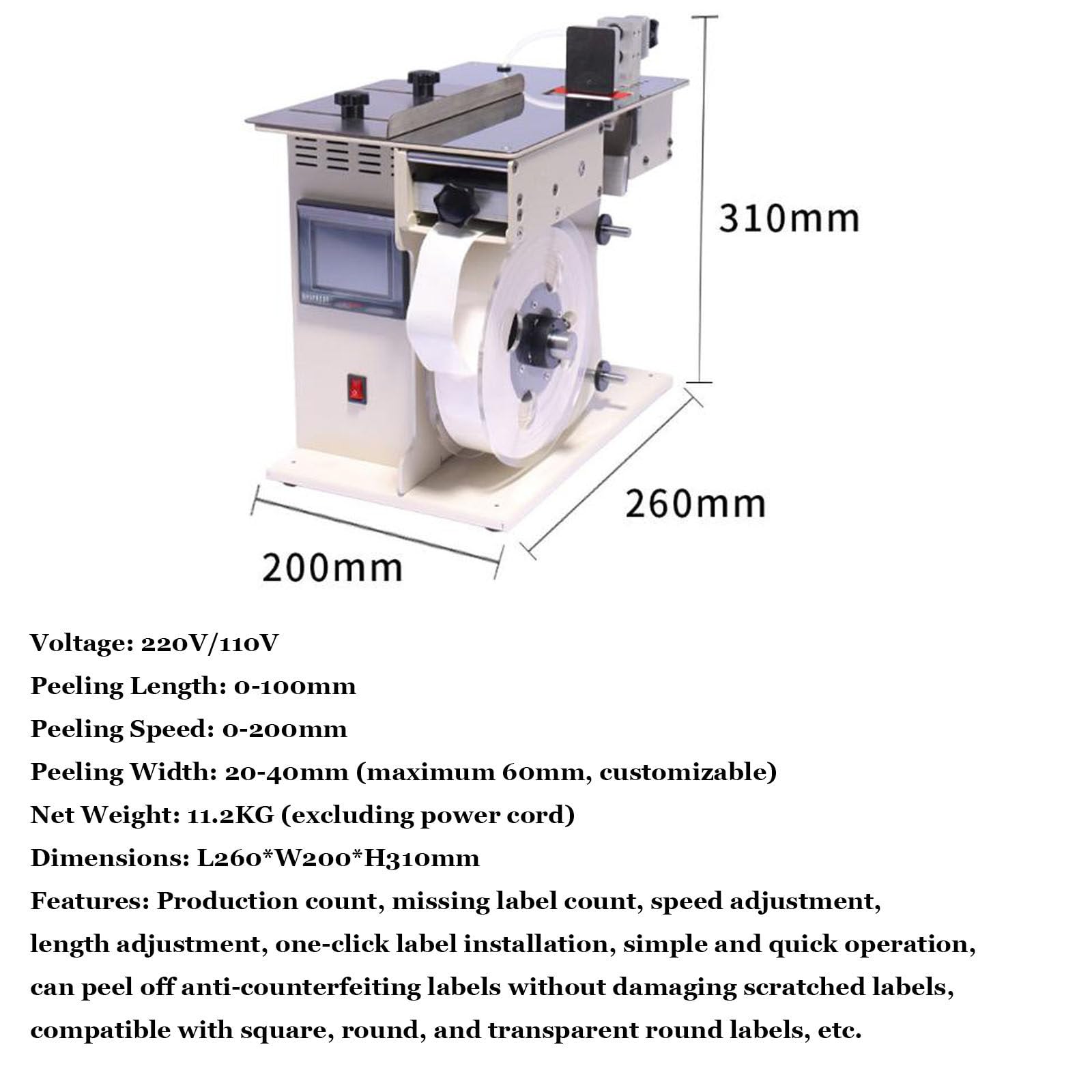Etiquetadora automática de ángulo recto, etiquetadora de esquina de 90° pelable de 200 W con ajuste de velocidad y longitud, control de pantalla táctil, cuerpo de metal duradero