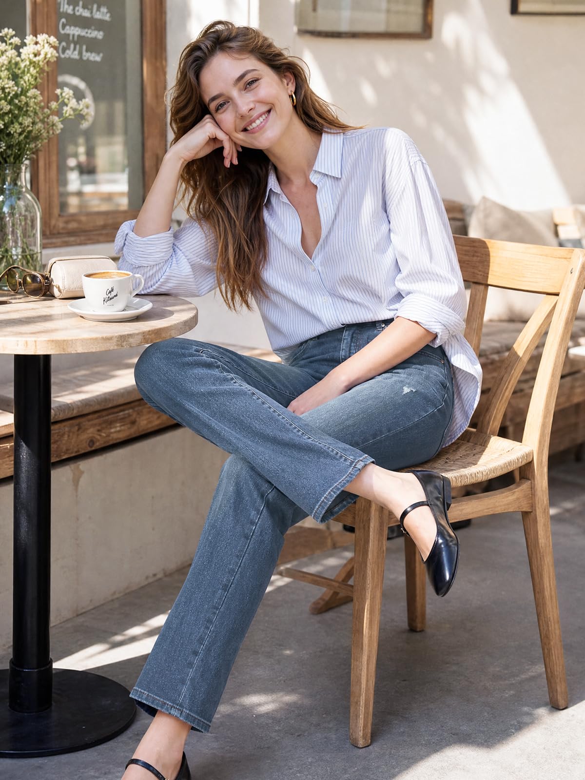 Jeans Damen,High Waist Stretch Straight Cut Jeans,Wide Leg Boyfriend Female Jeanshose,Gerade Geschnitten Denim Hose