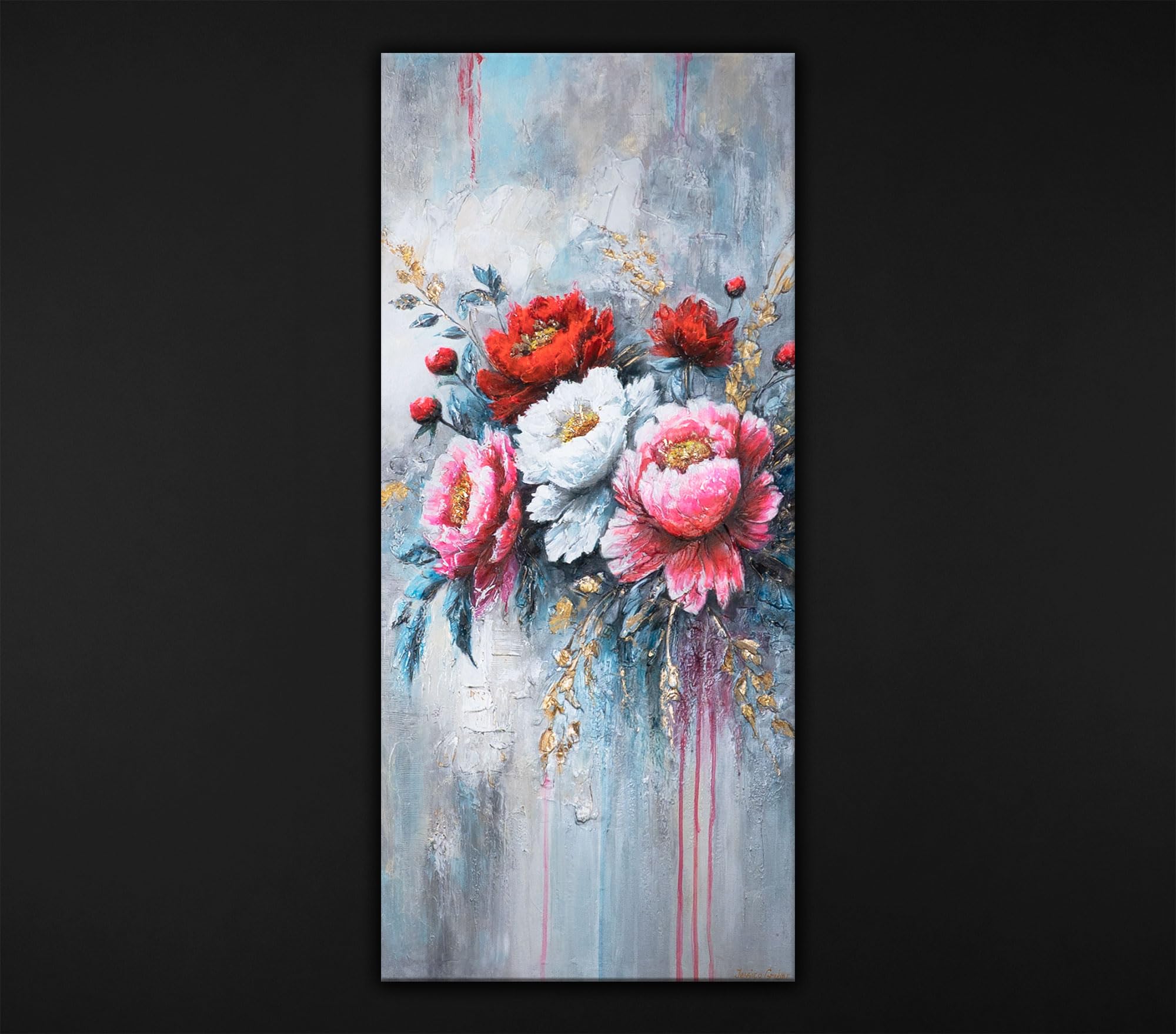 YS-Art Dipinto Acrilico Originale | Elegante Bouquet di Peonie | Tela Floreale Sofisticata | Arte Moderna da Parete per Soggiorno 115x50 cm