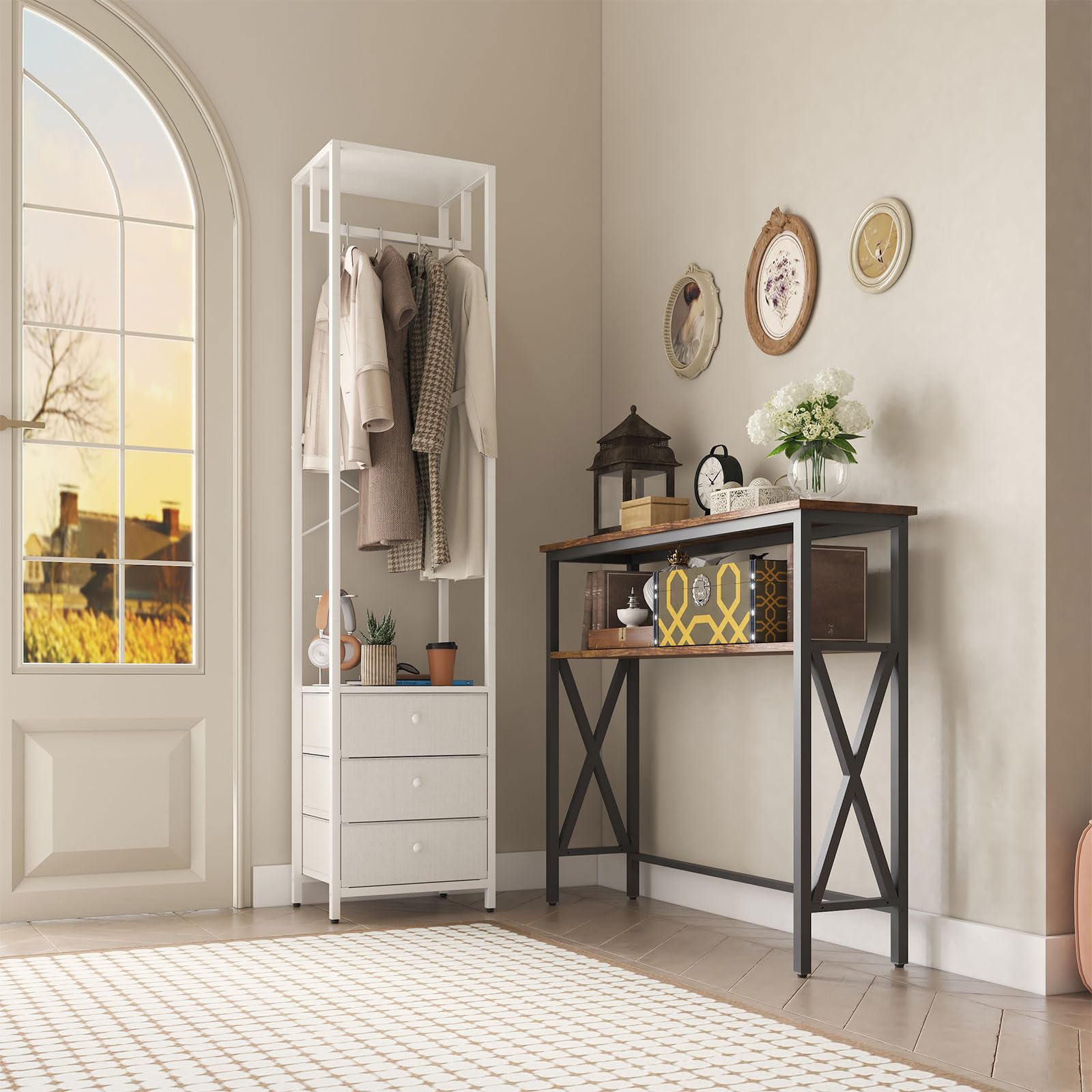 YMYNY Porte-Manteaux, Portant à Vêtements avec Tiroirs, Organisateur de Vêtements Autoportant, Porte-Manteau avec Tringle pour pour Entrée, Chambre, Salon, 39×29×179CM Blanc HGR001W