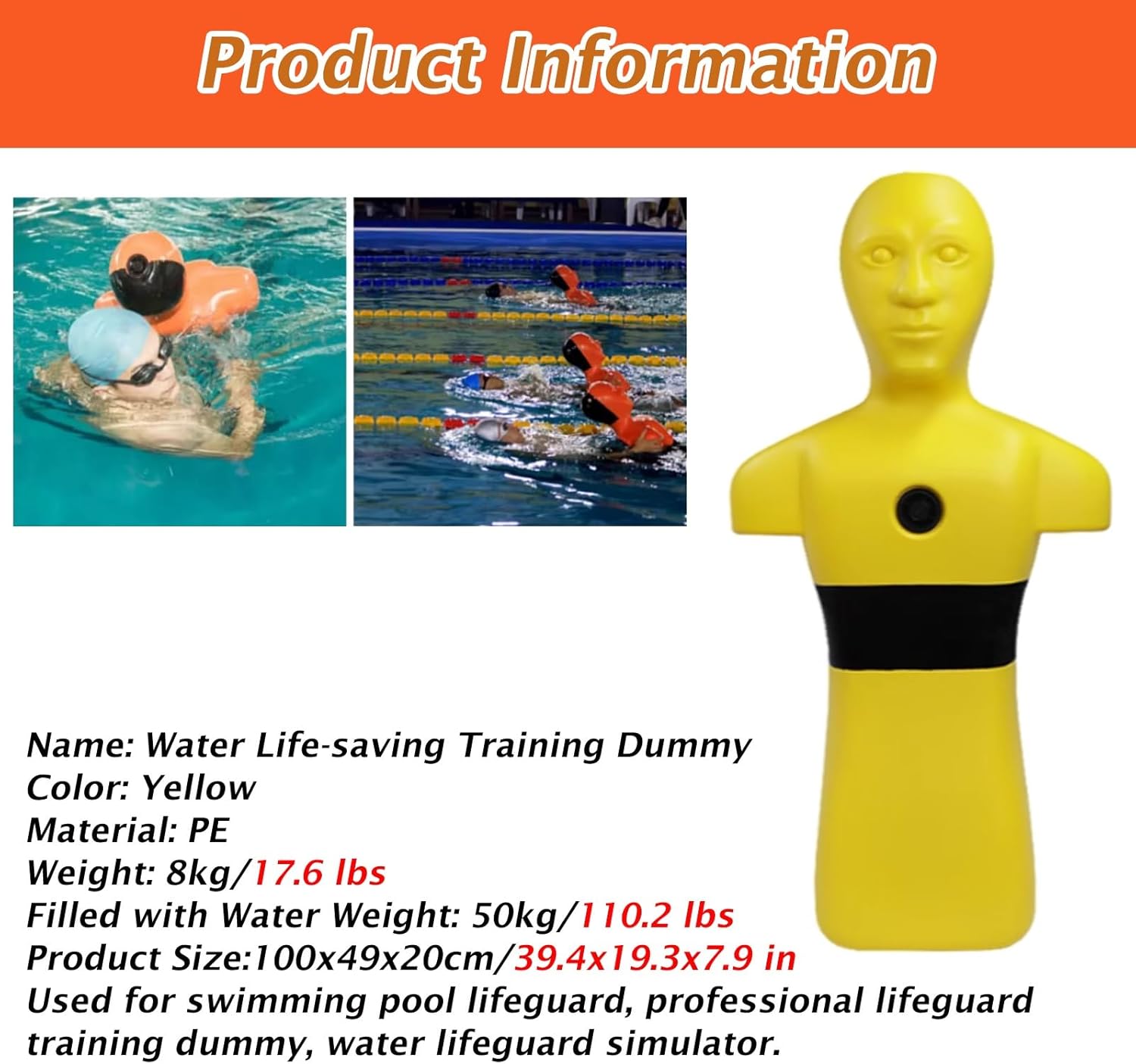 3.3 FT Tall Drowning Prevention Teaching Tools, Beach/Pool Realistic Plastic Water Rescue Training Dummy, Fire Training Drill Dummys with Inlet and Outlet Holes(Yellow)