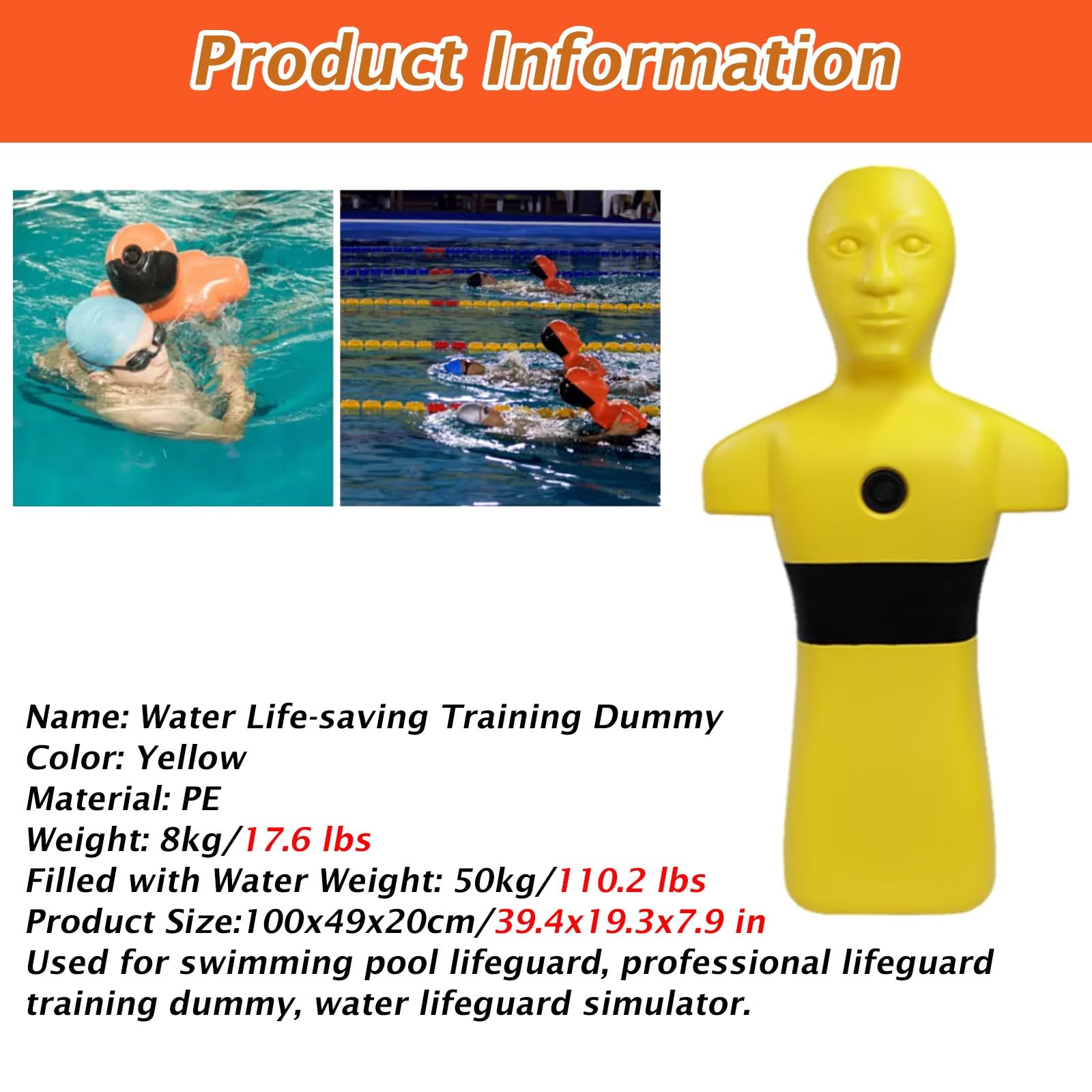 MZZKFC 3.3 FT Tall Drowning Prevention Teaching Tools, Beach/Pool Realistic Plastic Water Rescue Training Dummy, Fire Training Drill Dummys with Inlet and Outlet Holes(Yellow)