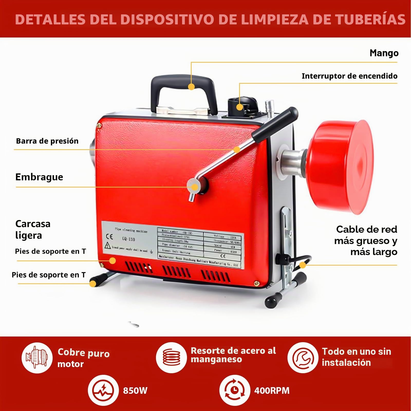 850W Máquina de Limpieza de Tuberías, Limpiador de Desagües Eléctrico de 400 rpm, Desatascador Eléctrico de Tuberías con Espirales de 16mm y 10mm Adecuado para Tubos de Ø20-100mm 20M Spiralen