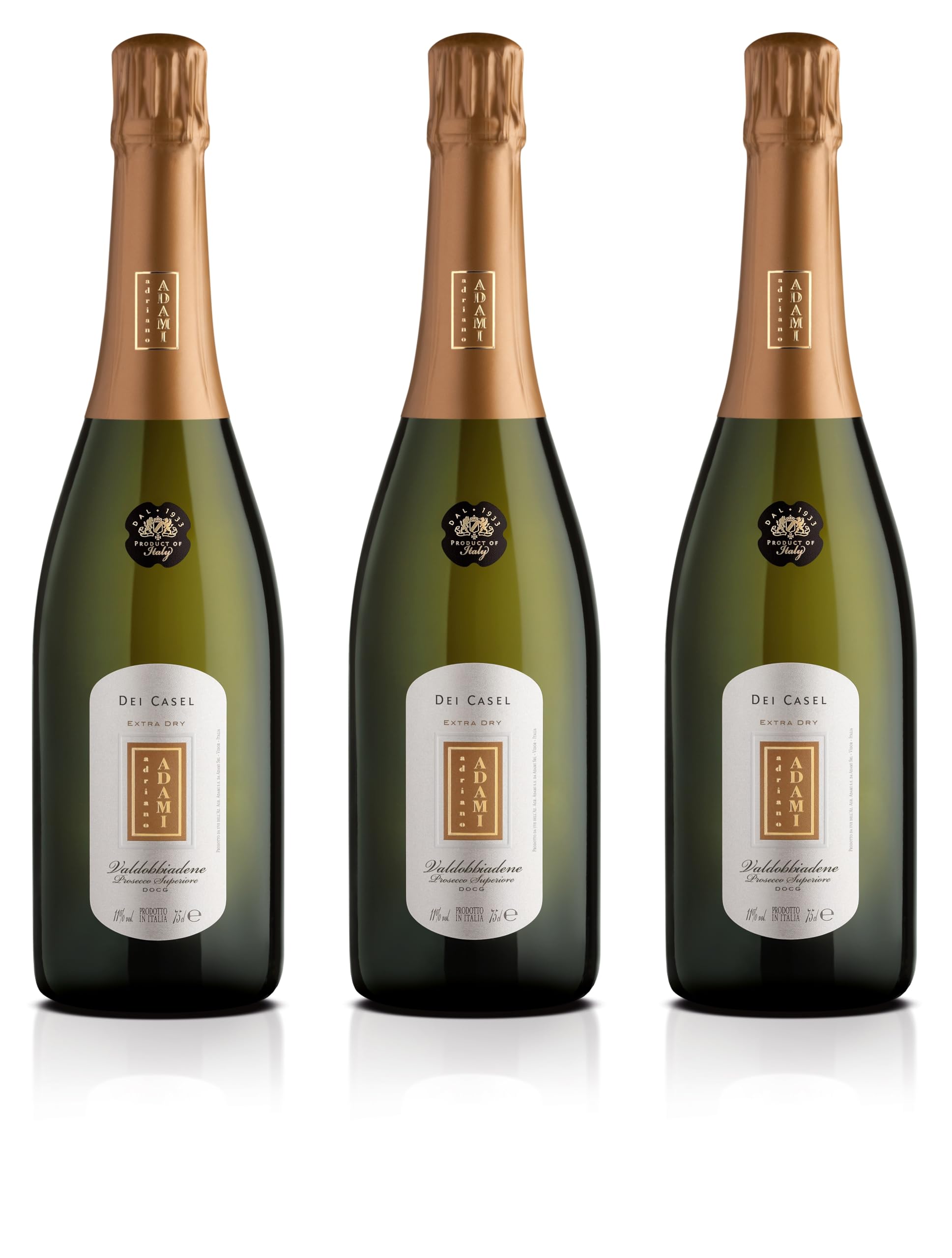 Adami Dei Casel - Valdobbiadene Prosecco Superiore Docg Extra Dry - Elegante e Raffinato – 11% vol. 0,75l - 3 bottiglie
