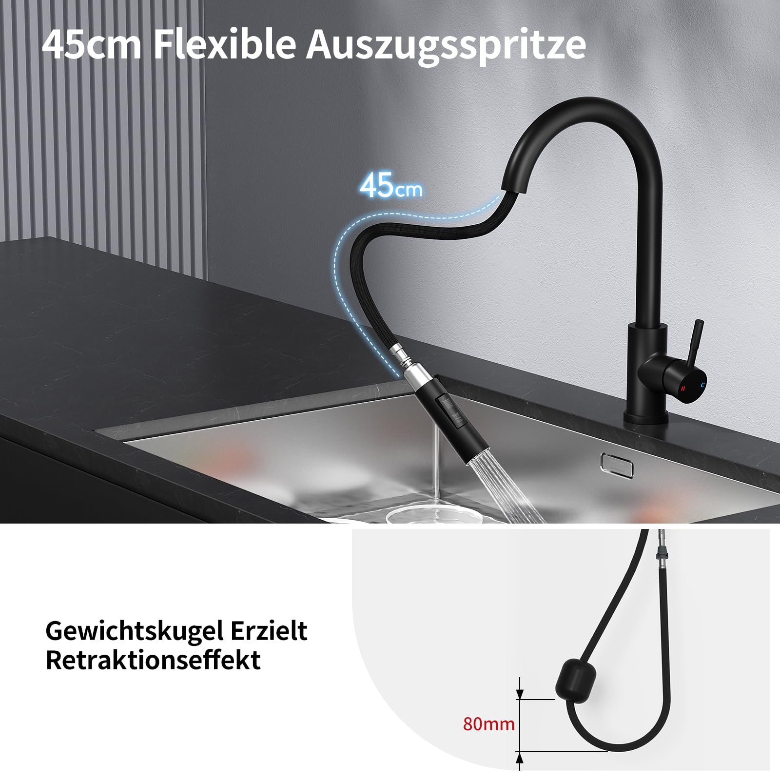 Rainsworth Czarna bateria kuchenna z wylewką, wyciągana - wysokociśnieniowa bateria kuchenna z dwoma rodzajami strumienia wody, armatura do zlewozmywaka obracana o 360°, bateria mieszakowa ze stali