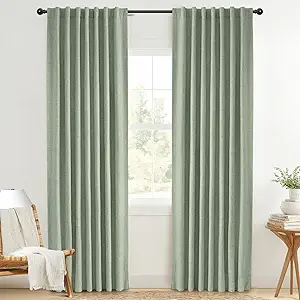 INOVADAY 100% Blackout Curtains 90 Inches Length 2 Panels Set, Back Tab/Rod Pocket Linen Black Out Curtains for Bedroom, Thermal Insulated Window Drapes - Sage Green, W50 X L90