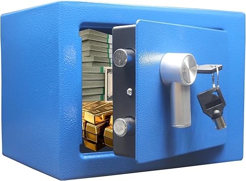 Yuanshikj Caja fuerte de acero  Llave cerrada, 0.2 pies cúbicos pequeña caja fuerte para el hogar para dinero en efectivo y joyas (azul)
