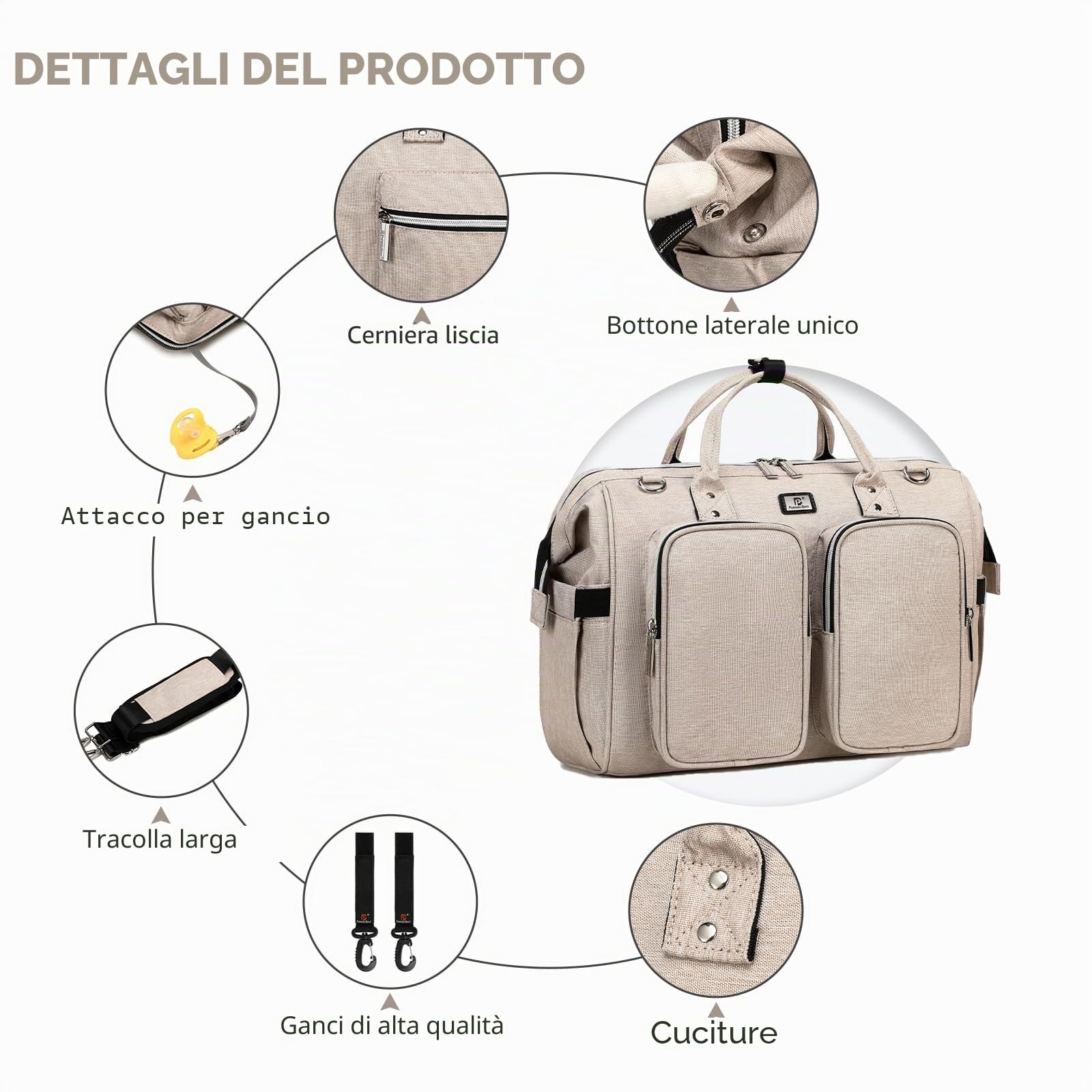 Borsa a Tracolla per Pannolini Grande Capacità Oxford Impermeabile, 2 Ganci per Passeggino, Fasciatoio