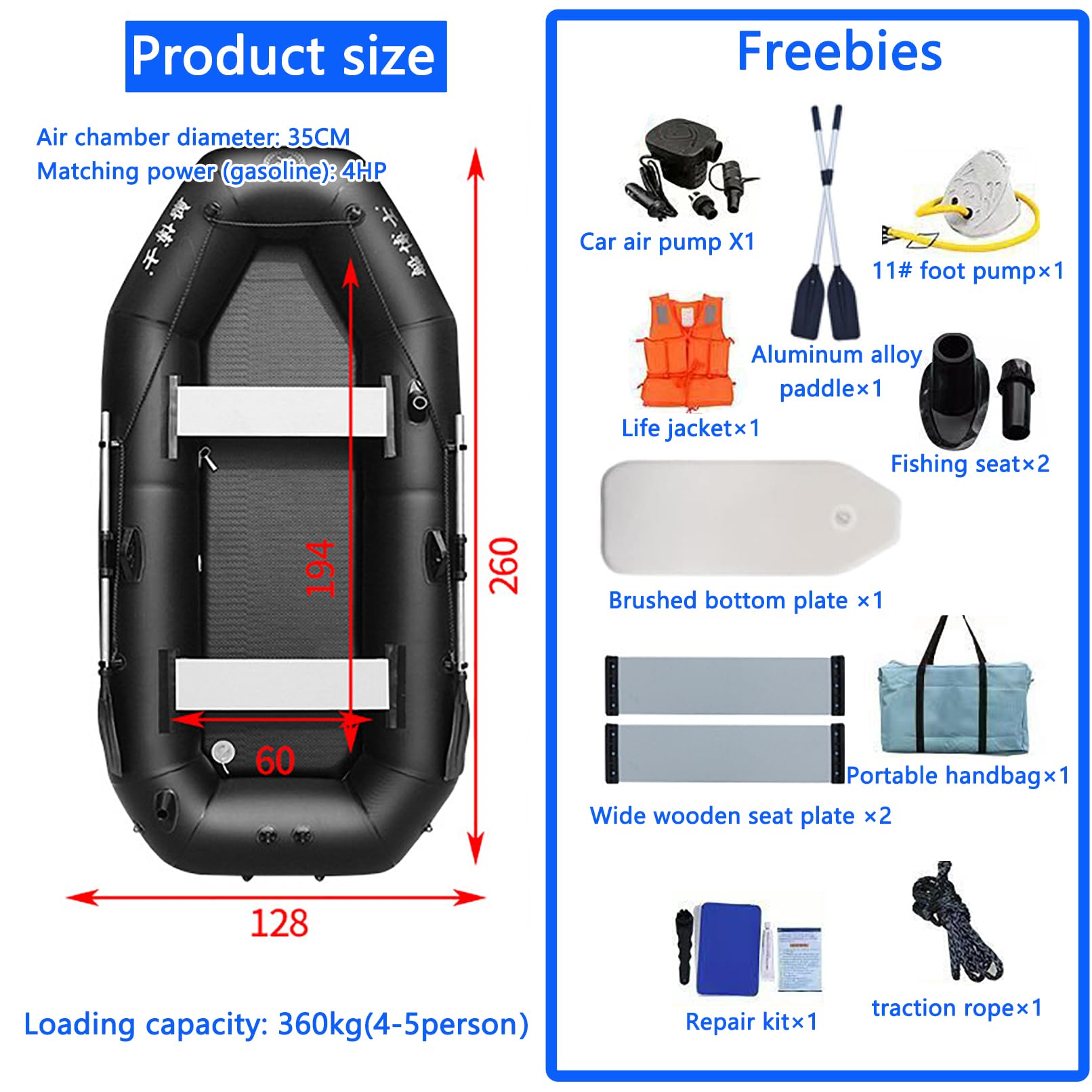 Bateau pneumatique 2,60 m pour 4-5 Personnes - Bateau Gonflable mer - annexe Bateau Gonflable - PVC Super résistant – Charge de 360 kg - rames de Bateau et Une Pompe à Haut rendement