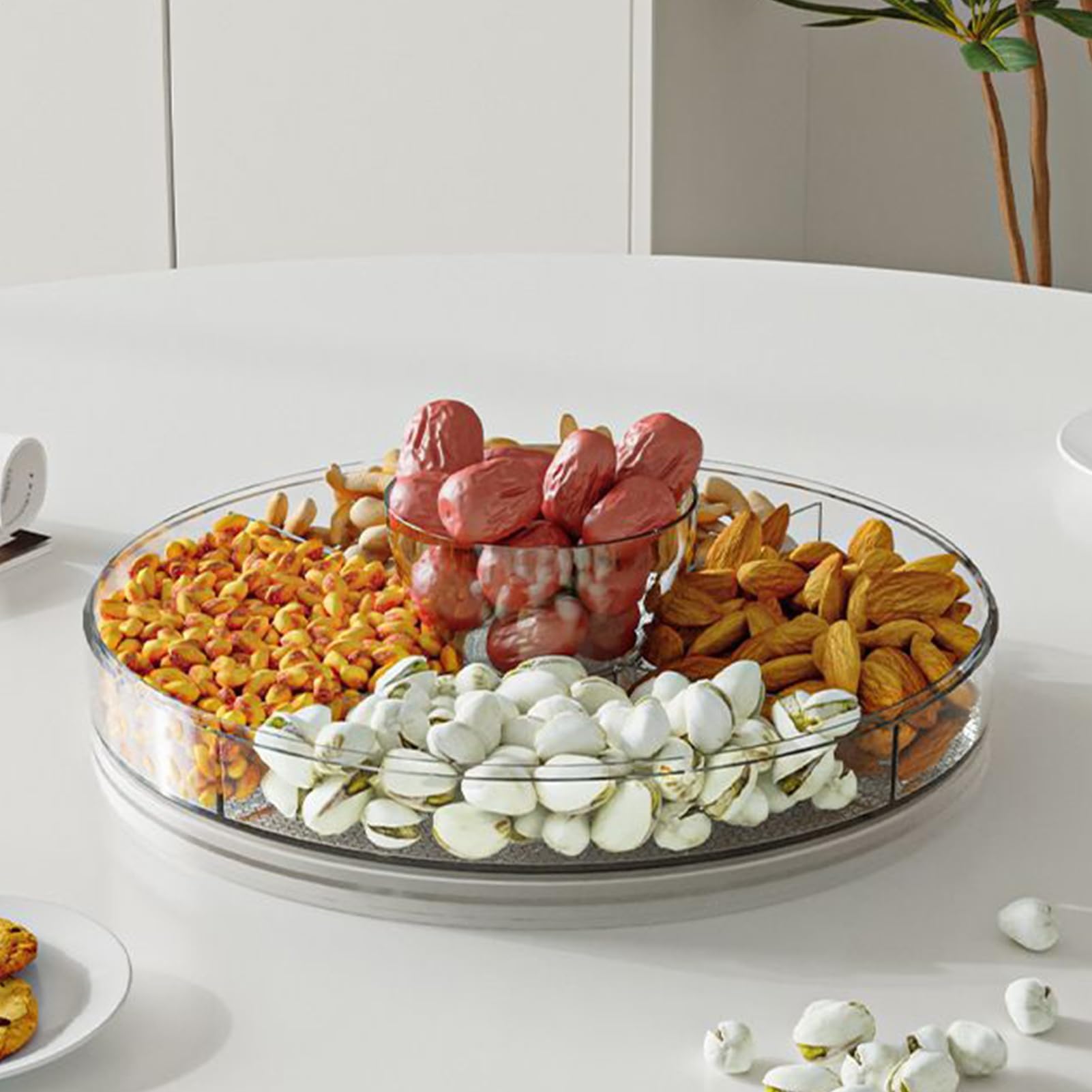 Bandeja giratoria refrigerada con tapa, servidor de aperitivos de 4 compartimentos para mariscos, picnic, camping y fiestas de cumpleaños, ideal para almacenamiento de alimentos fríos al aire libre
