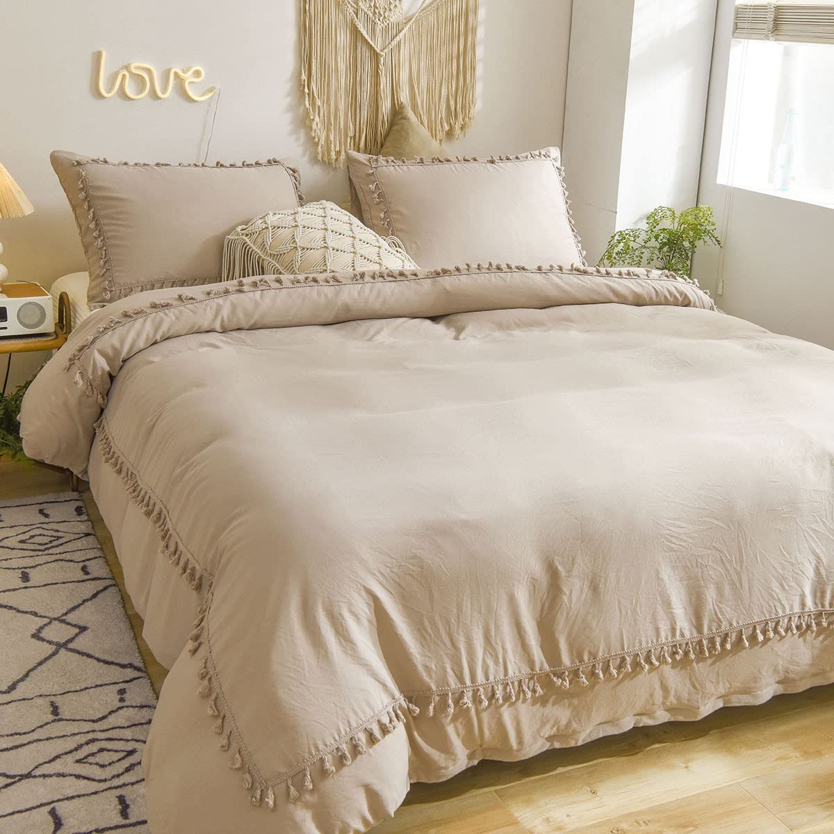 Musolaree White Tassel Fringe Beding Texture Soft and Warm Duvet Cover for Girls Solid Color King Duvet Cover 1Duvet Cover and 2Pillow Shams,Brown,53 * 78