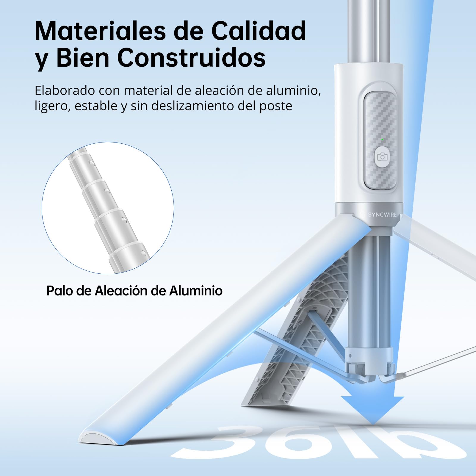 SYNCWIRE Palo Selfie 140cm, Selfie Stick con Ángulo Ajustable y Control Remoto Bluetooth Recargable, Trípode Extensible de Aluminio, Compatible con Teléfonos iPhone y Android （Blanco）
