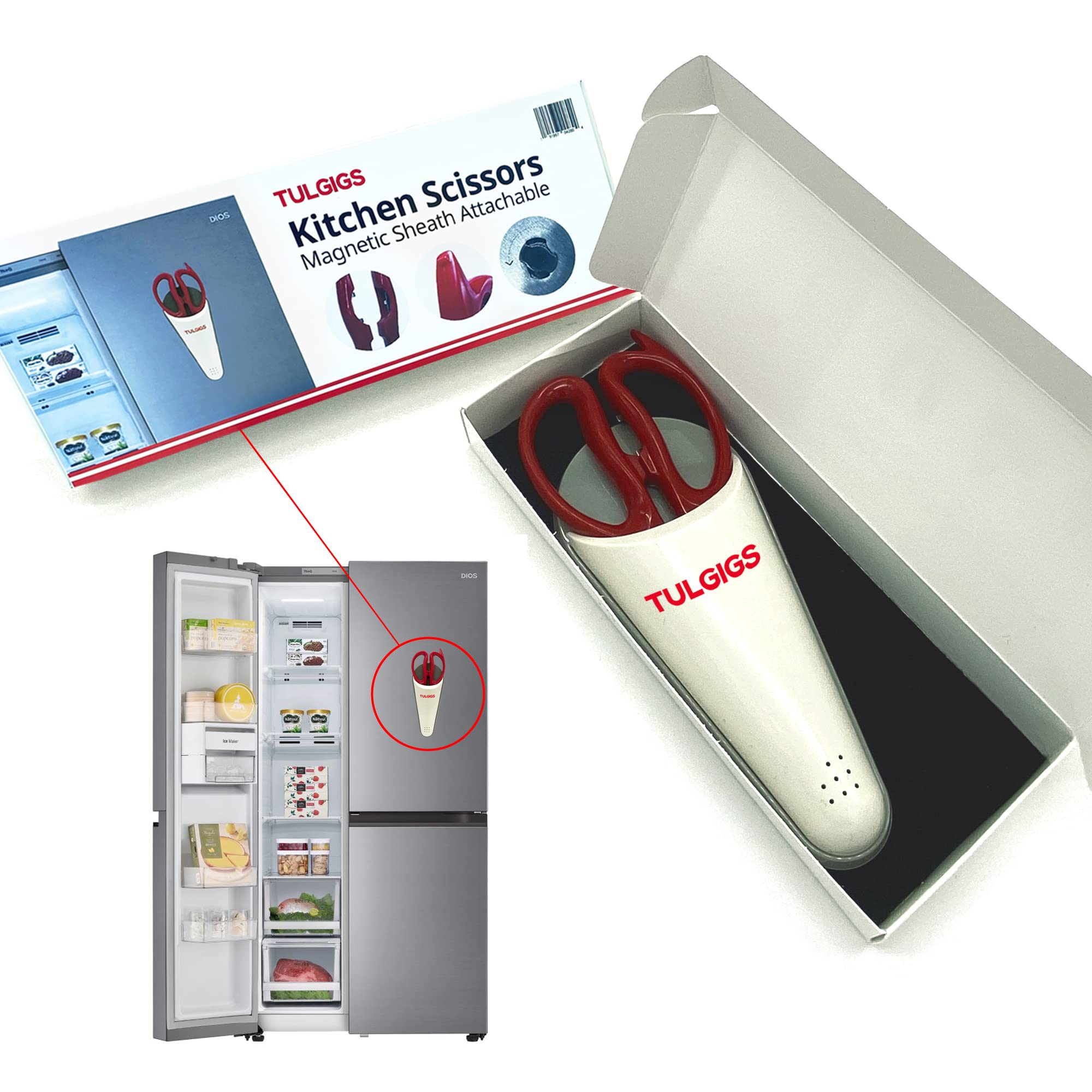 TULGIGS Modern Kitchen Scissors with Magnetic Sheath, Attachable to Refrigerator, Ambidextrous, Stainless Steel Blade and Handle, Silver, 1 Count