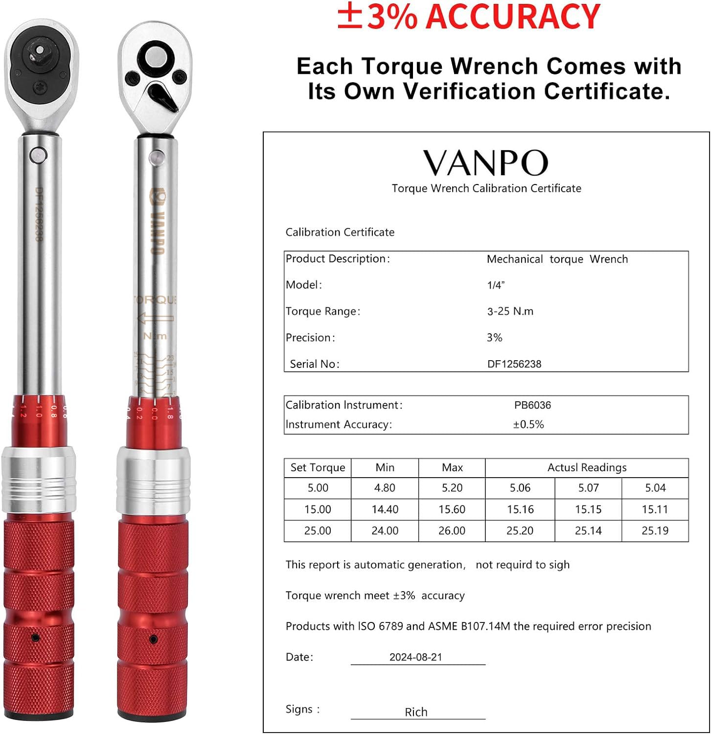 VANPO Clé Dynamométrique 1/4", Clé de Torsion 3-25 Nm, Précision ± 3% con Bouton de Libération Rapide, Tête à Cliquet Réversible, Barre d'extension, 3/8" Adaptateur pour Vélos Route y Montagne, Moto