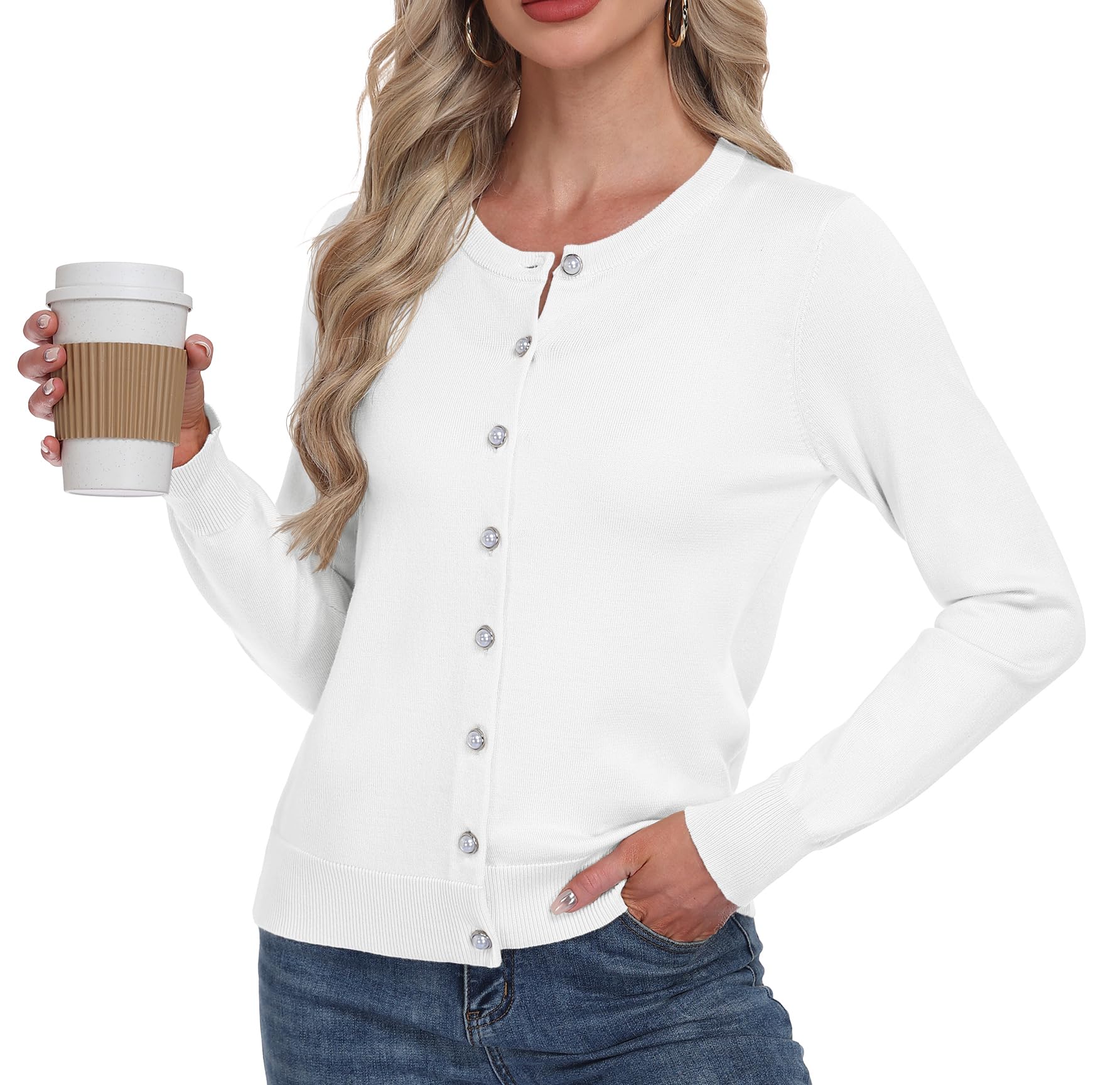 GRECERELLE Cardigan doux élégant et léger à manches longues pour femme en tricot avec perles boutonnées pour femme, automne, hiver, rendez-vous et fête