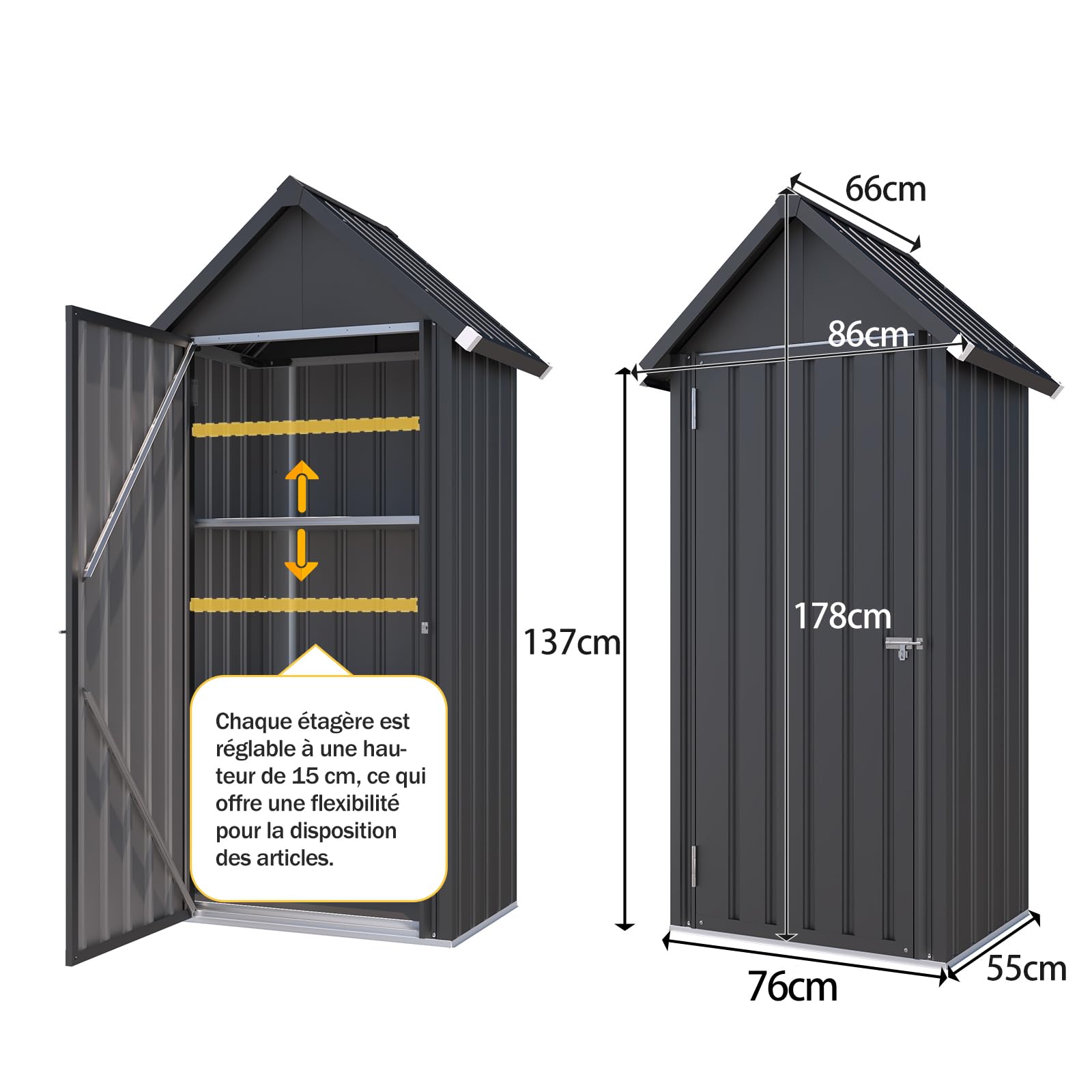 YODOLLA Abri de Jardin Métal,Cabane de Rangement Tout Climat,Armoire Jardin | Résistant aux Intempéries (Pluie, Vent, Soleil),Porte Fermeture Sécurisée et 3 Étagères Amovibles,76x55x178cm, Gris foncé