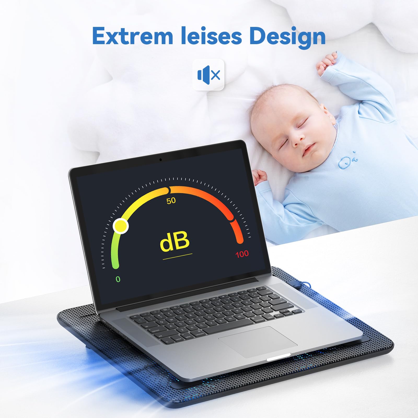 TECKNET Laptop Kühlpad für 12-17 Zoll, 3 Lüfter mit LEDs, 2 USB-Ports, Blau+Schwarz