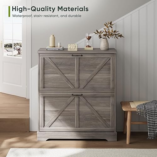 Miniatura 4 de Armario de almacenamiento de zapatos con 2 cajones abatibles, armario estrecho para zapatos de granja para entrada, armario delgado para zapatos con