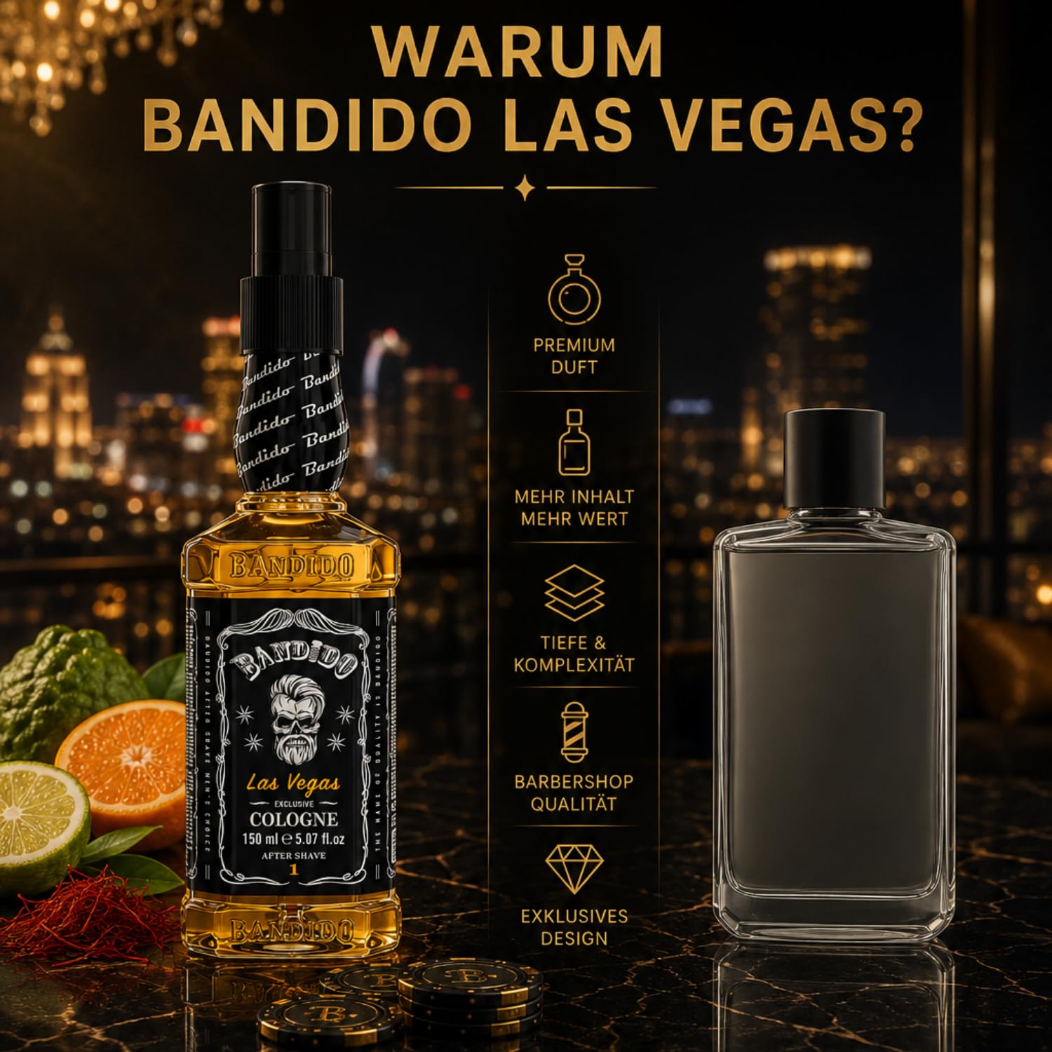 Bandido Eau de Cologne męska woda zapachowa po goleniu woda do golenia dla mężczyzn, odświeża, chłodzi, długotrwały zapach, zapobiega oparzeniom po goleniu i pielęgnacji po goleniu (Las Vegas 150 ml)