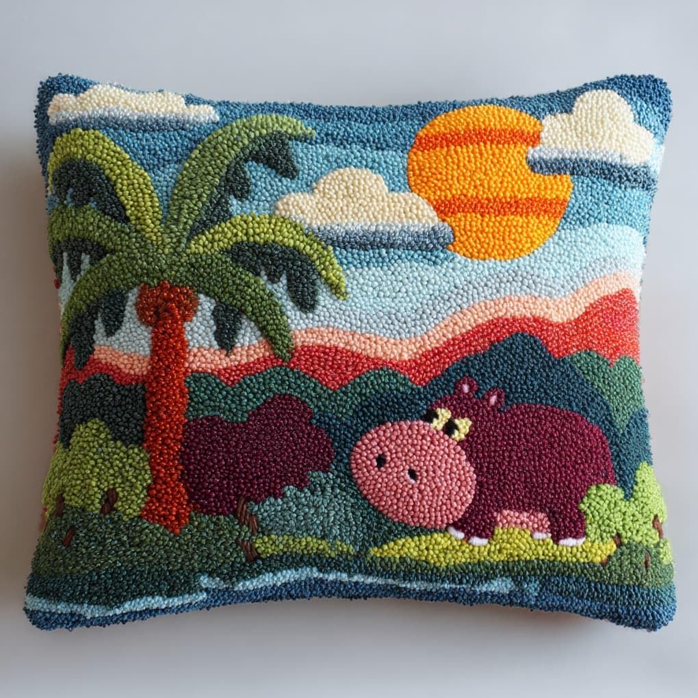 Henypt Latch Hook Cushion Making Set 17x17in,Hippopotamus and Tropical Rainforest Beginner Friendly DIY Needlecraft Craft Kit for Adults,Ideal for Sofa & Bedroom