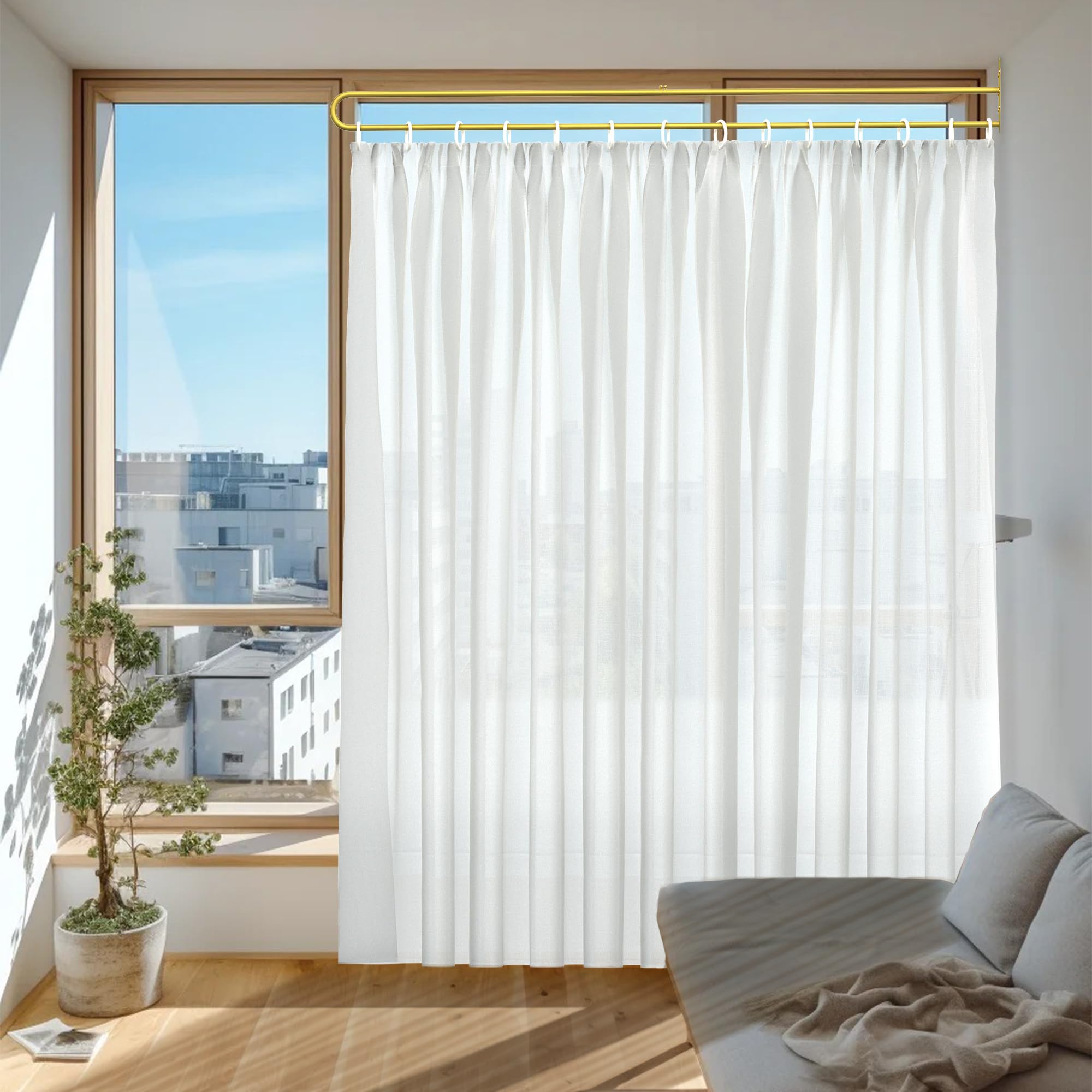Cortinas de privacidad para divisor de habitación, cortina de privacidad montada en la pared con soporte de metal, cortinas divisoras de habitación portátiles en forma de U para sala de estar 5