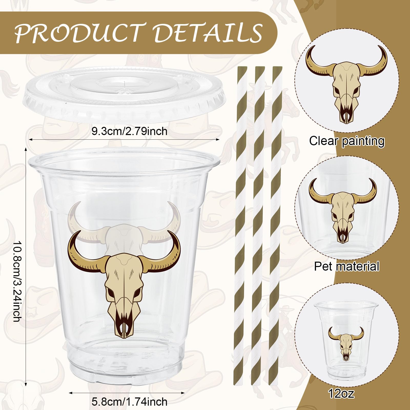 50 Sets 12OZ Western Cowboy Plastic cups with Lids and Straws, Western Party Decorations Disposable Longhorn Print Clear Plastic Cups For Cowboy Themed Party Juice Soda Beverage Supplies Favors