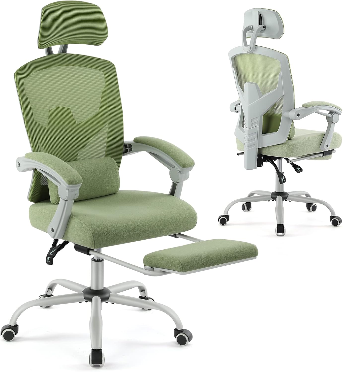 OLIXIS Gaming Ergonomic Foot Rest Reclining, High Back Mesh Home Office Computer Desk Chair with Wheels, Adjustable Headrest, Green