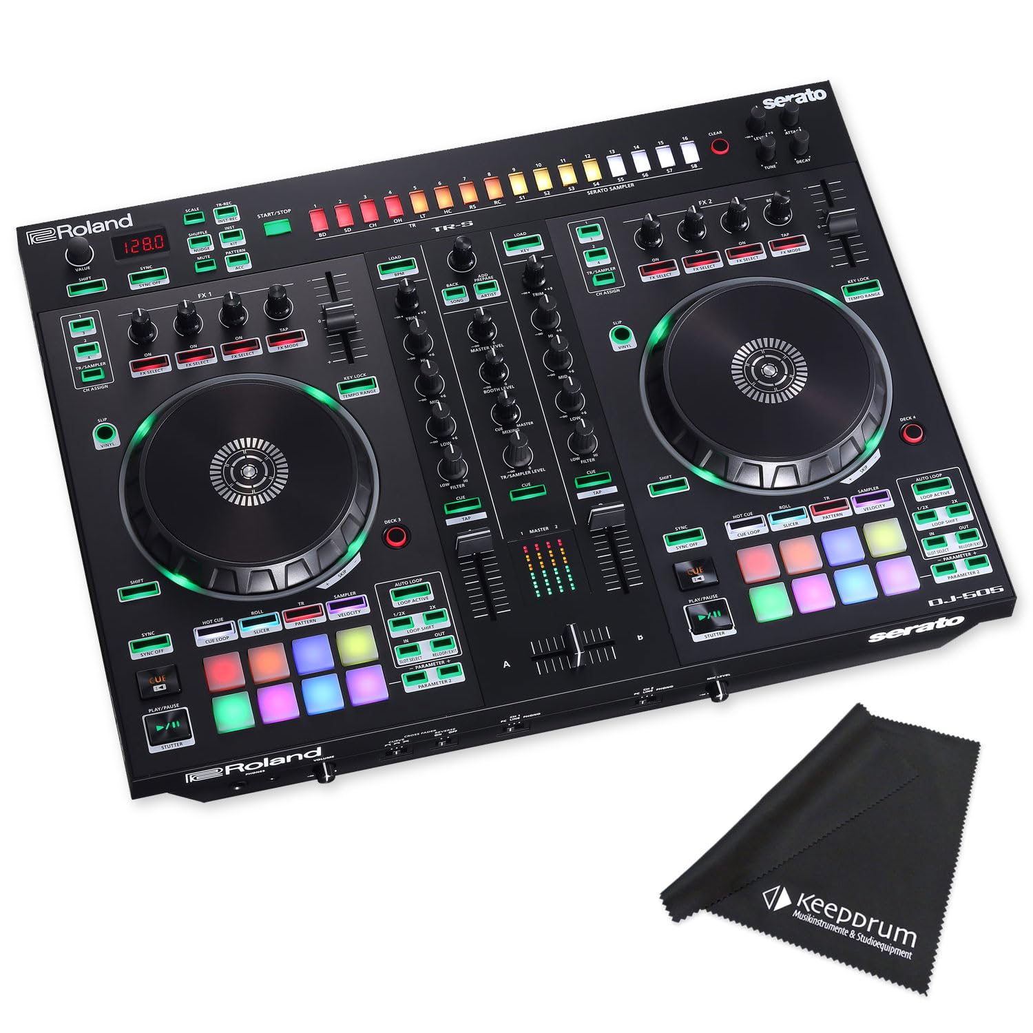 Roland DJ Controller DJ-505 2-Kanal 4-Deck DJ-Pult mit keepdrum Mikrofasertuch