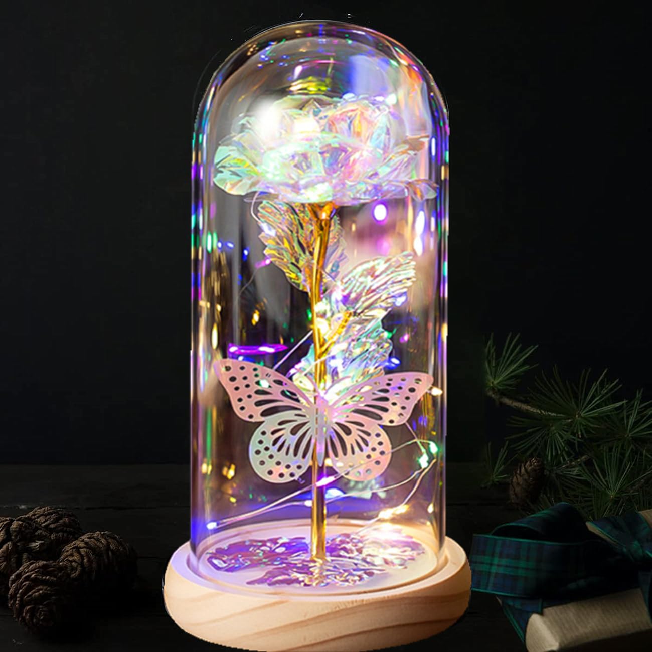 Forever Galaxy Rose in Glass Dome,Rainbow Galaxy Flower Artificial Rose with Butterfly Beauty Beast Rose for Her,Light Up Rose for Valentine's Day,Xmas Rose Gifts Rose (color-Silver Butterfly)