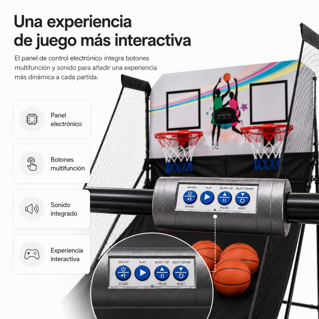 Canasta Doble Arcade Infantil Plegable con Marcador electrónico y Sonido – Panel Inteligente, Acero Reforzado, Red Nylon Resistente, Retorno balón, Interior