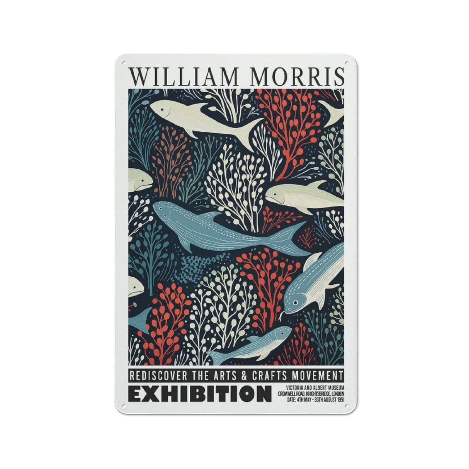 Junmoney Style-7 William Morris Fish Botanical Understated Metal Wall Decor 30X20cm, Office Metal Sign For Office, Study, Studio Or Hallway