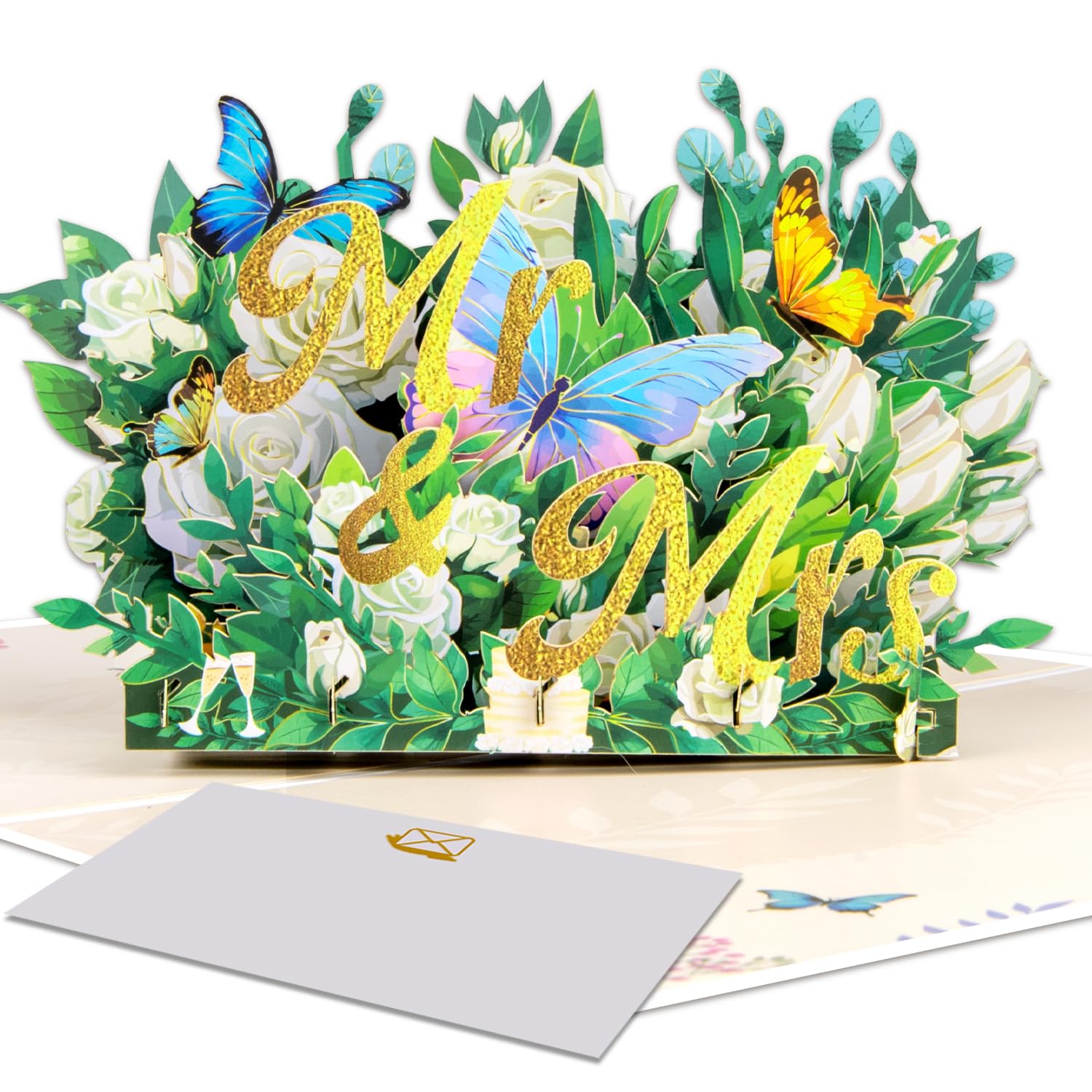 Magic Ants 3D Pop-Up Card Wedding, Mr. & Mrs. Card with White Roses, Butterflies and Gold Script