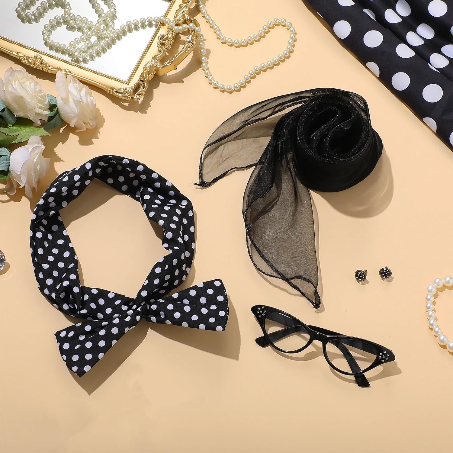 Hicarer 5 Pcs 50s Women Halloween Costume 1950 Poodle Skirt Sock Hop Accessory Outfit Scarf Glasses Bandana Headband Earring
