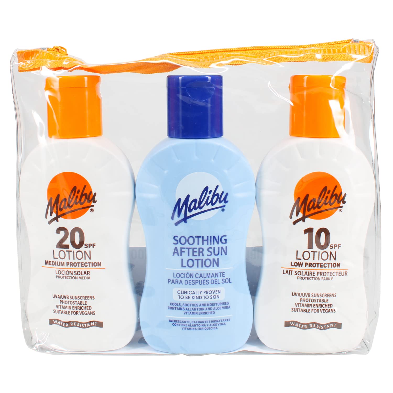 Malibu Sun Travel Essentials with Suncream Protection and Soothing Aftersun Lotion, Water Resistant, SPF 10 and 20, Multipack, 3 x 100ml