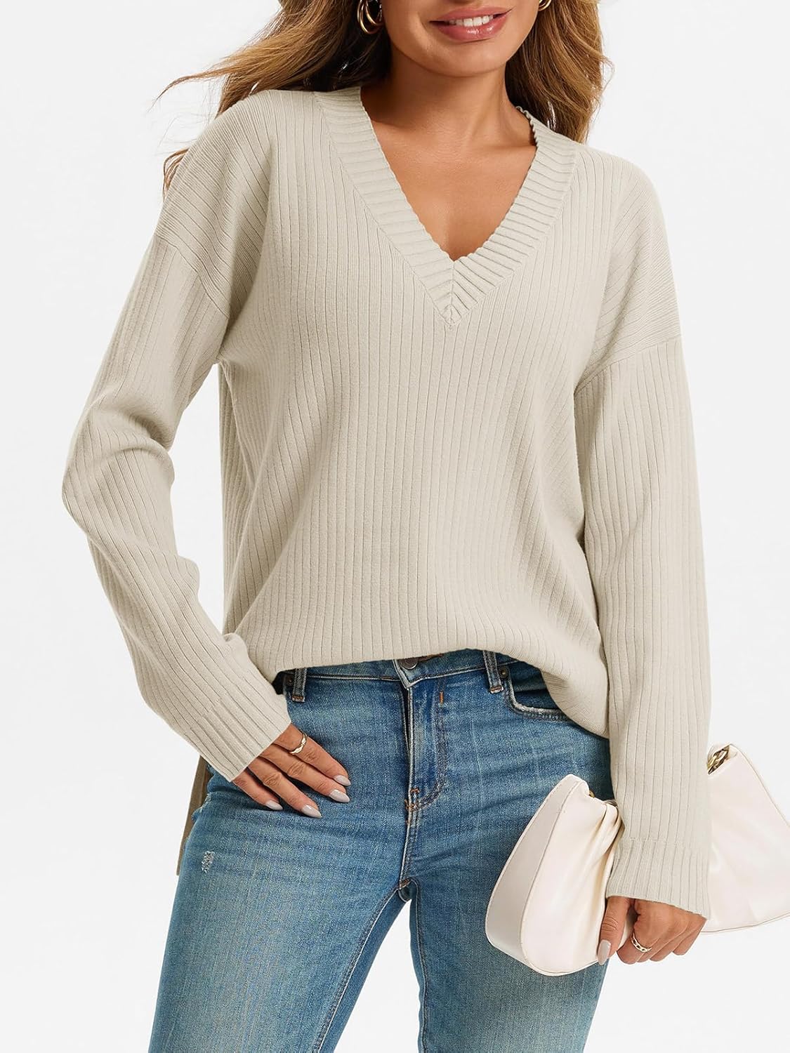 Saodimallsu Womens V Neck Sweater 2025 Fall Oversized Ribbed Knit Trendy Slit Casual Loose Fit Long Sleeve Pullover Top - Image 2