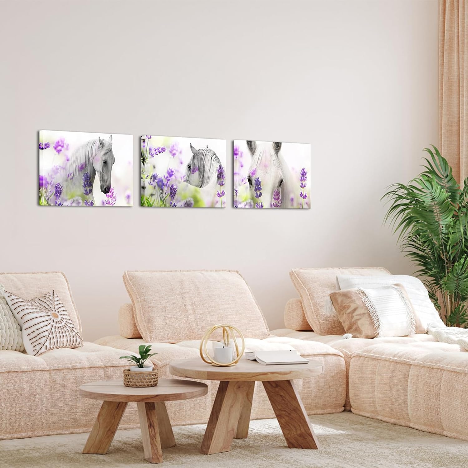 Fochorlo 3 Piece Horse Wall Art Purple and White Wall Decor Lavender Pictures for Living Room Bedroom Gallery Wrapped (Small)