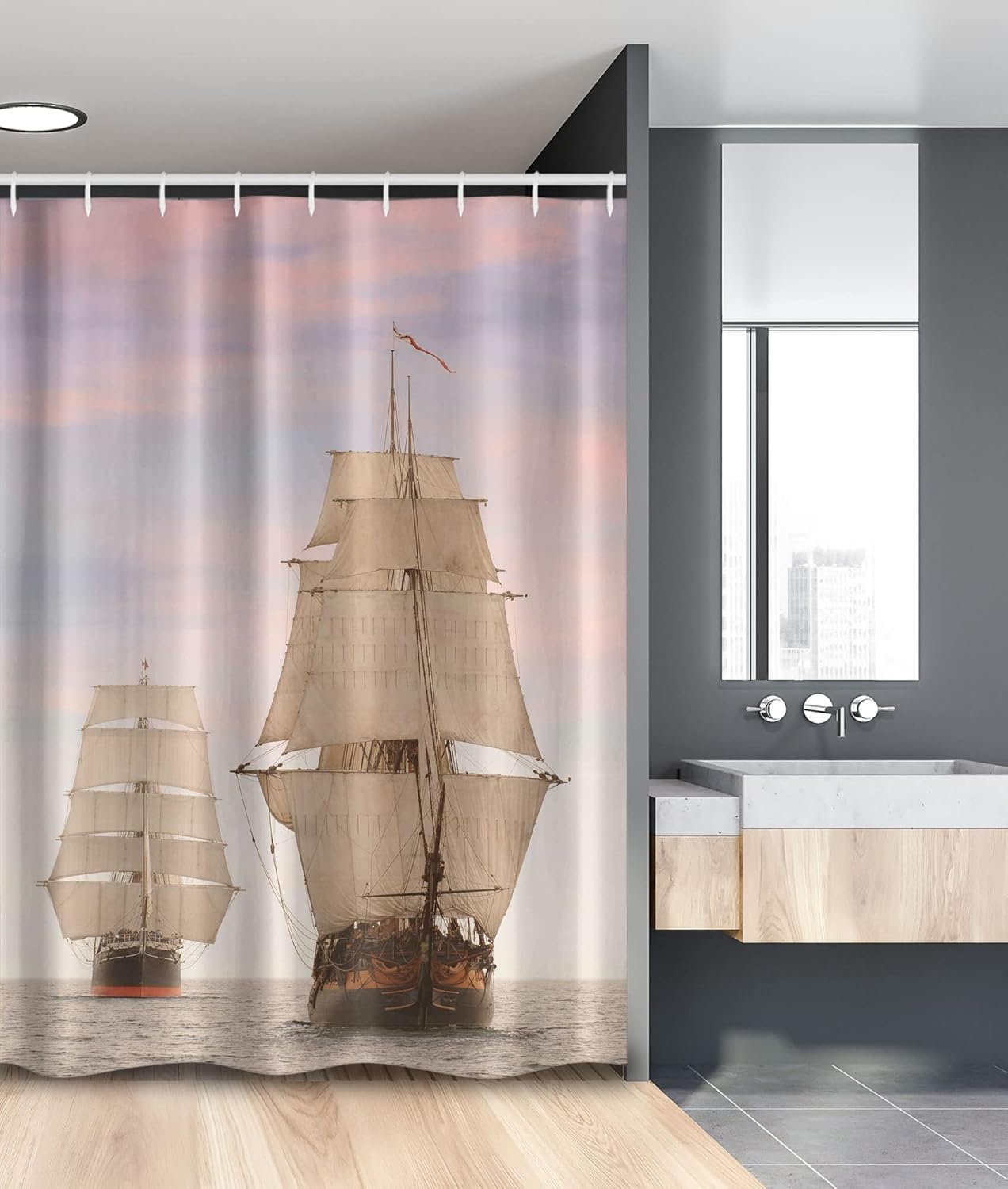 Ambesonne Ocean Stall Shower Curtain, Sailboat Gaff Top Sail Tall Wooden Sailing Ships Waves Print Photo, Fabric Bathroom Decor Set with Hooks, 54" W x 78" L, Cream and Blue Grey