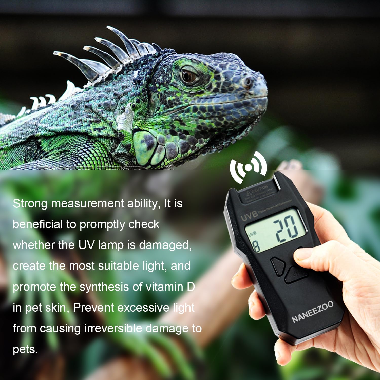 NANEEZOO Medidor de índice UVB para reptiles, radiómetro digital de mano para medir la luz UVB de reptiles en el hábitat del terrario