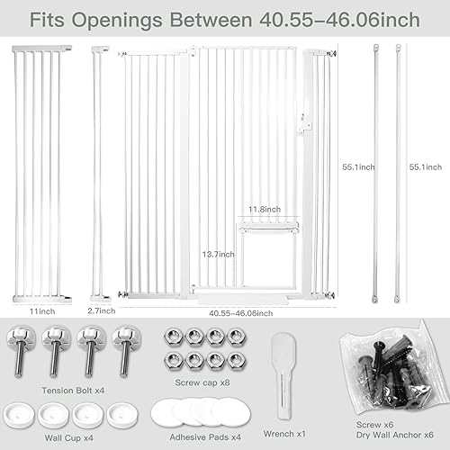 Miniatura 2 de Puerta para mascotas extra alta de 55 pulgadas con puerta pequeña para gatos, ajustable de 29.55 pulgadas y -46.06 pulgadas, puerta para perros,