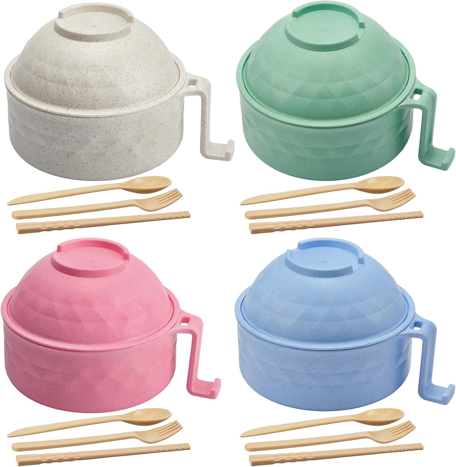 4 Sets Microwave Ramen Cooker Set 33 oz Quick Ramen Bowl Set Microwave Noodle Cooker with Handle Noodle Bowl with Spoon Chopsticks Fork College Dorm Room(Fresh Colors)