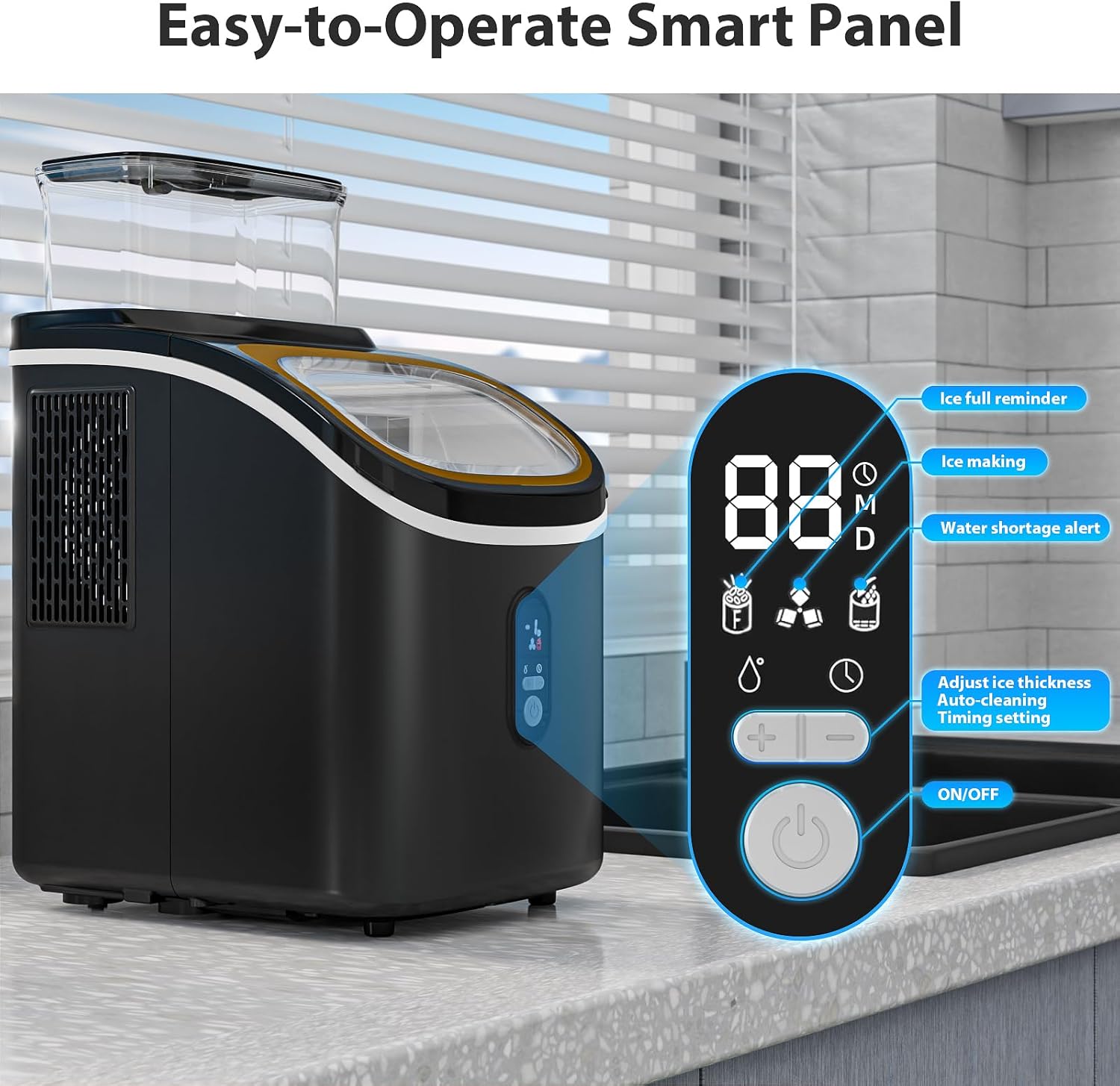 Easy-to-Operate Smart Panel with indicators for Ice Full, Ice Making, Water Shortage, Adjust Ice Thickness, and Timing Setting