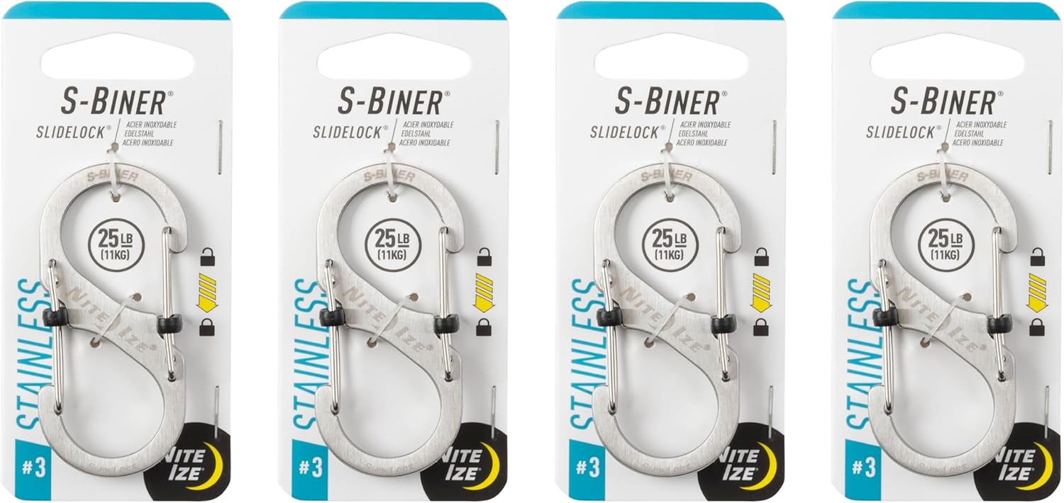 Nite Ize S-Biner SlideLock Stainless Steel - Secure Key Holder Carabiner with SlideLocks - Key & Keychain Organizer - Lockable Carabiner for Daily Use - Size 3, Stainless (4 Pack)