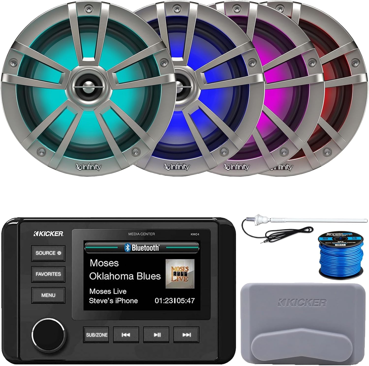 Kicker 51KMC4 3" LCD Marine Bluetooth Weather-Resistant Gauge-Style AM/FM WB/USB/AUX Media Center Receiver, 4x 6.5" 225W Max Power Waterproof Coaxial Titanium Boat RGB LED Speakers, Antenna, Wire