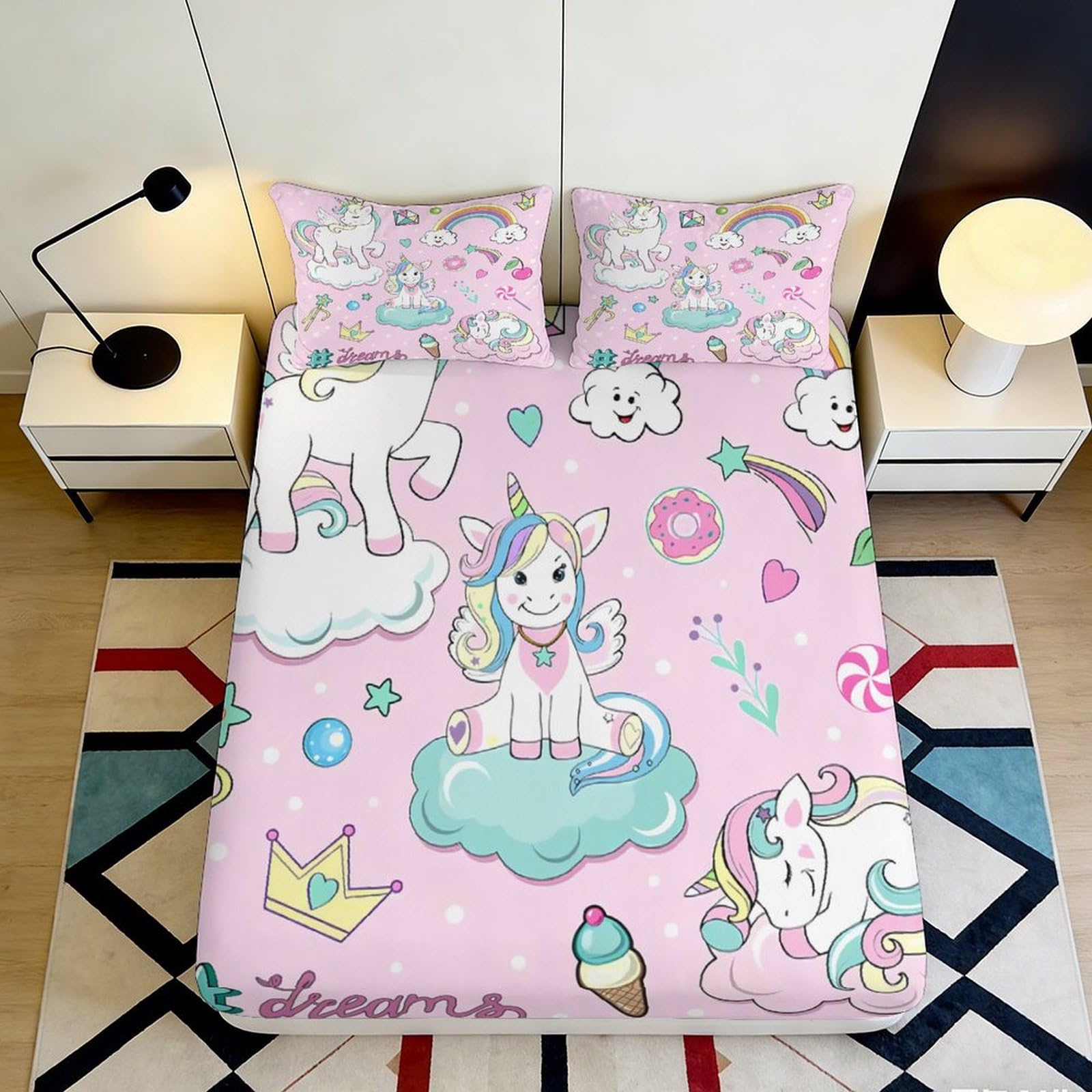 3D Printed Unicorn Pattern Fitted Sheet Microfiber Soft Breathable Cartoon Clouds Bed Sheet for Bedroom Dormitory Guest Room Mattress Protection 140x200x25cm