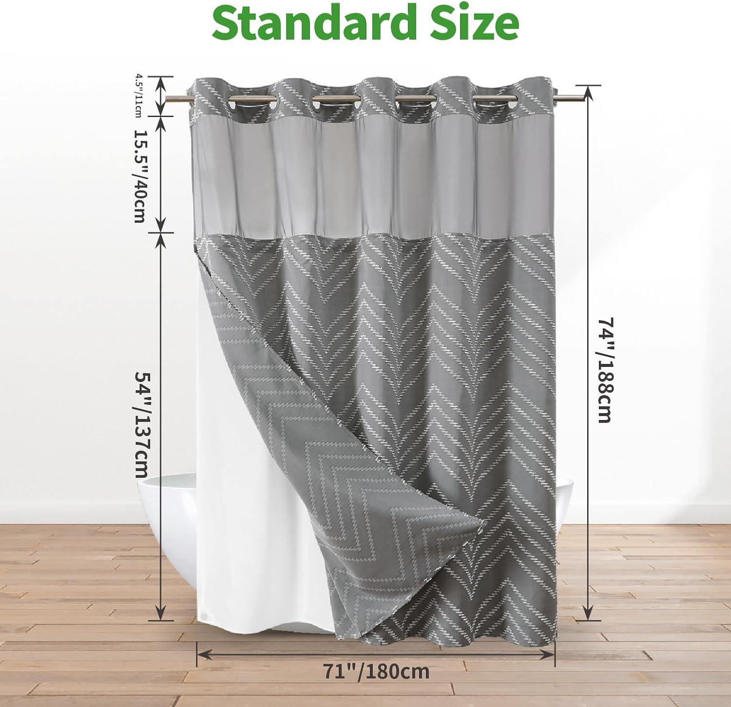 Grey No Hook Shower Curtain with Snap-in Liner Set,Boho Modern Farmhouse White Tufted Chevron Striped Design,Woven Fabric Bathroom Curtain,71x74