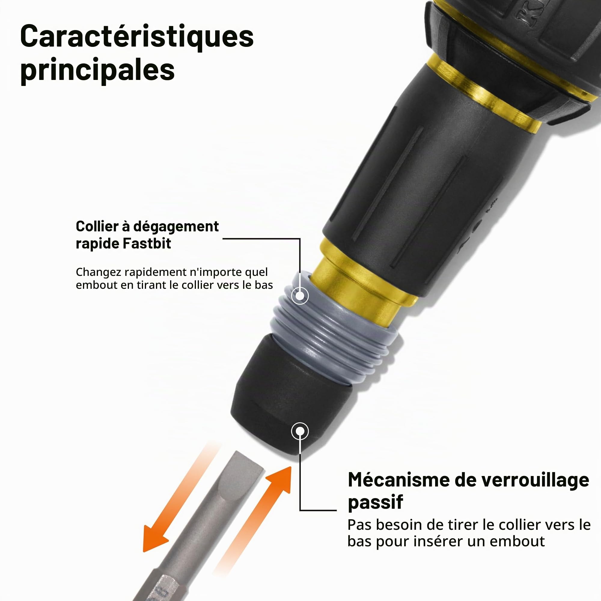Klein Tools 32960ARCHT Tournevis à cliquet Fastbit Tru-Grip, poignée à cliquet style boule avec collier à dégagement rapide, cruciforme #2 et embout à double extrémité fendue de 6 mm, compatible avec